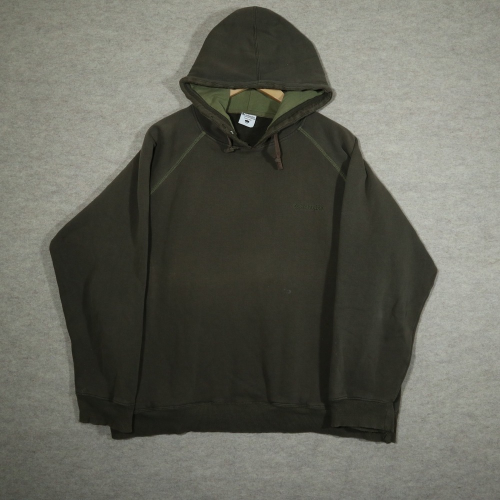 Columbia Hoodie Mens Large L Brown Green Pullover Raglan Distressed Sweatshirt